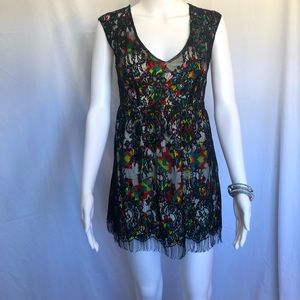 Petticoat Alley XS black lace over multicolored mini dress with fringe NWOT